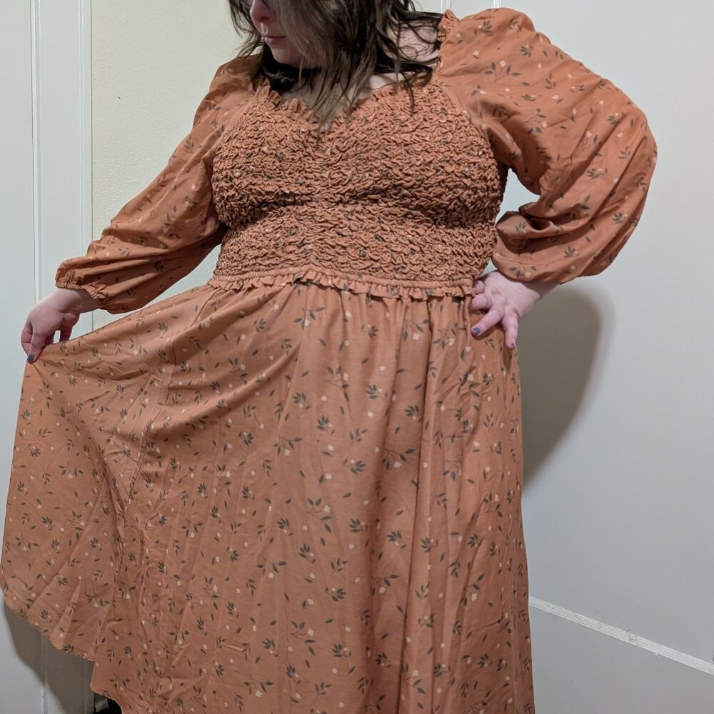 Jessakae Women’s Rust Colored Cottagecore Floral Puff Sleeve Dress Size 3X